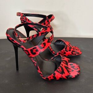 ASOS Red Leopard Open Toe Strappy Stiletto Heels, Size 10 Wide Foot Friendly